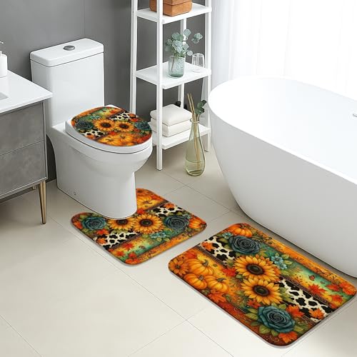 Herbst-Badematten-Set, 3-teilig, rustikales Blumenmuster, Sonnenblume, Kürbis, saugfähig, rutschfest, U-förmig, waschbar, Herbstdekoration, schnell trocknend, Memory-Schaum, Badezimmerteppich-Set von Generic