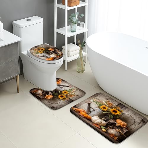 Herbst-Badematten-Set, 3-teilig, rustikales Kürbis-Blumenmuster, saugfähig, rutschfest, U-förmig, waschbar, Herbsternte, schnell trocknend, Memory-Schaum, Badezimmerteppich-Set von Generic