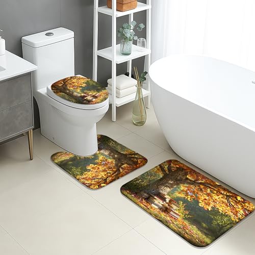 Herbst-Badematten-Set, 3-teilig, rustikales orangefarbenes Blättermuster, saugfähig, rutschfest, U-förmig, waschbar, gemütlich, schnell trocknend, Memory-Schaum, Badezimmerteppich-Set von Generic