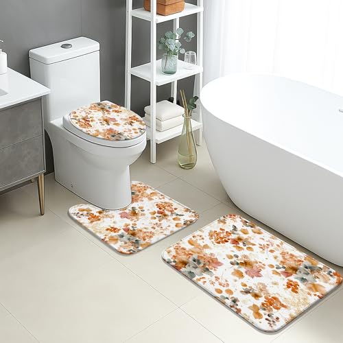 Herbst-Badematten-Set, 3-teilig, rustikales orangefarbenes Blumenmuster, saugfähig, rutschfest, U-förmig, waschbar, herbstinspiriert, schnell trocknend, Memory-Schaum, Badezimmerteppich-Set von Generic