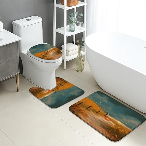 Herbst-Badematten-Set, 3-teilig, von der Natur inspiriert, malerisches Blumenmuster, saugfähig, rutschfest, U-förmig, waschbar, gemütliche Landschaft, schnell trocknend, Memory-Schaum Herbst-Badematten-Set, 3-teilig, von der Natur inspiriert, malerisches Blumenmuster, saugfähig, rutschfest, U-förmig, waschbar, gemütliche Landschaft, schnell trocknend, Memory-Schaum von Generic