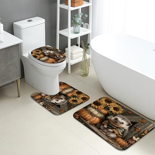 Herbst-Badematten-Set, niedlicher Igel mit Sonnenblumen und Kürbissen, saugfähig, rutschfest, U-förmig, waschbar, Herbstdekoration, schnell trocknend, Memory-Schaum, Badezimmerteppich-Set von Generic