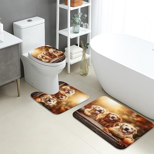 Herbst-Badematten-Set, rustikal, Golden Retrievers, Kürbis-Motiv, saugfähig, rutschfest, U-förmig, waschbar, Herbsternte, schnell trocknend, Memory-Schaum, Badezimmerteppich-Set, 3-teilig Herbst-Badematten-Set, rustikal, Golden Retrievers, Kürbis-Motiv, saugfähig, rutschfest, U-förmig, waschbar, Herbsternte, schnell trocknend, Memory-Schaum, Badezimmerteppich-Set, 3-teilig von Generic