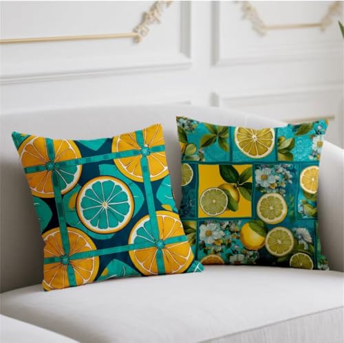 Herbst Kissen Zitrone Kissenbezug 65x65cm Quadrat Kopfkissen 2er Set Sofakissen Grün Kuschelkissen Doppelseitiges Muster Kissenhüllen Leinen Kissenbezüge Bauernhaus Garten Balkon Terrassen Deko wj-771 von Generic