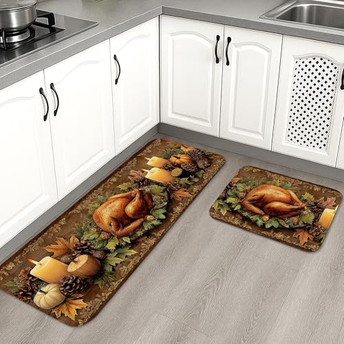 Herbst-Küchenmatten für Boden, rustikales Ernte-Design, weiche Matten, gepolstert, bequem, waschbar, rutschfest, Dekor-Teppiche für Küchenspüle, Waschküche, Badezimmer, 2 Stück von Generic