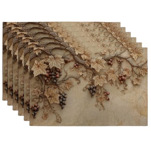 Herbst Vintage Weinrebe Platzsets, Braun Rustikale Blatt Platzsets für Esstisch rutschfest Waschbar Indoor Outdoor Ernte Dekorative Platzset 6er Set Herbst Vintage Weinrebe Platzsets, Braun Rustikale Blatt Platzsets für Esstisch rutschfest Waschbar Indoor Outdoor Ernte Dekorative Platzset 6er Set von Generic