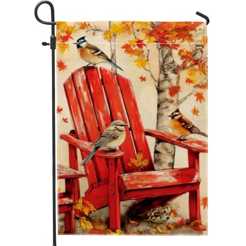 Herbstvögel Gartenflagge, leuchtend roter Adirondack-Stuhl mit bunten Blättern und Vögeln, Hof-Banner, doppelseitig, saisonale Outdoor-Rasendekoration, 30,5 x 45,7 cm von Generic