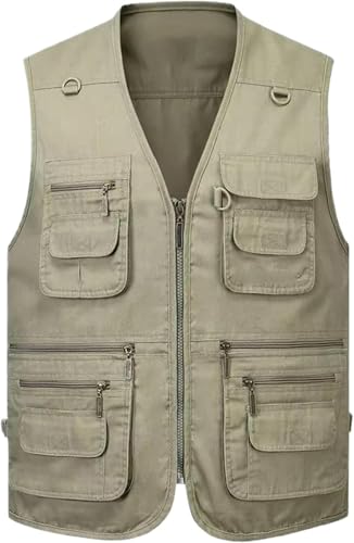 Herren Multi-Pocket Baumwollweste Casual Mit Vielen 14 Taschen Ärmellose Jacken Männliche Outdoor-Weste, Khaki, S von Generic