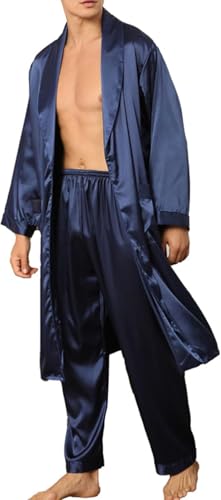 Herren Revers 2 Stücke Simulation Seide Kimono Bademantel Set Leichte Loungewear Langarm Nachtwäsche, Blue, L Herren Revers 2 Stücke Simulation Seide Kimono Bademantel Set Leichte Loungewear Langarm Nachtwäsche, Blue, L von Generic