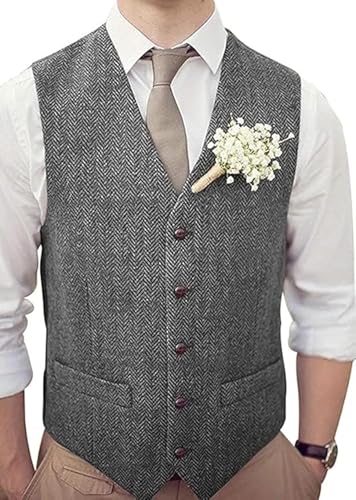 Herren Wolle Fischgrät Bräutigam Westen Formelle Bräutigamskleidung Anzug Tweed Weste Enge Brautkleid Weste, Grey, M Herren Wolle Fischgrät Bräutigam Westen Formelle Bräutigamskleidung Anzug Tweed Weste Enge Brautkleid Weste, Grey, M von Generic
