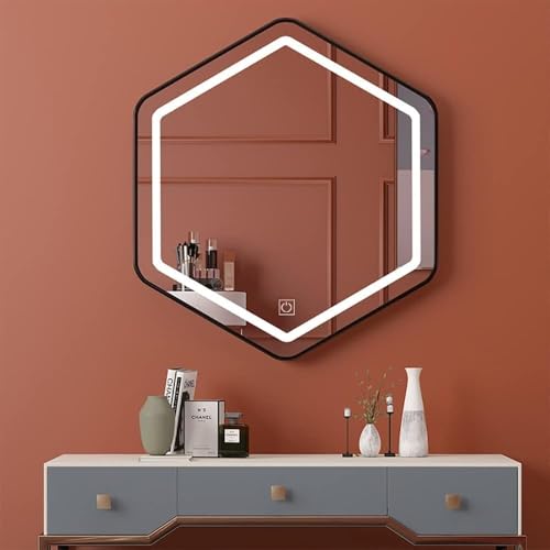 Hexagon Badezimmerspiegel Moderner Led-kosmetikspiegel Wandspiegel Mit Smart Touch Button Gold Metallrahmen Für Waschtische Eingangsbereiche Wohnkultur, Black Frame, 60cm/24inch Hexagon Badezimmerspiegel Moderner Led-kosmetikspiegel Wandspiegel Mit Smart Touch Button Gold Metallrahmen Für Waschtische Eingangsbereiche Wohnkultur, Black Frame, 60cm/24inch von Generic