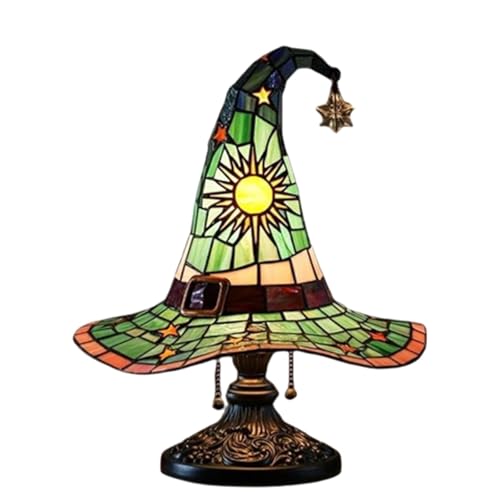 Hexenhut Lampen Halloween Handgefertigtes Buntglas Schreibtischlampe Gothic Retro LED Harz Nachtlicht Für Innenräume Schlafzimmer Partys Halloween Dekoration(Green) von Generic