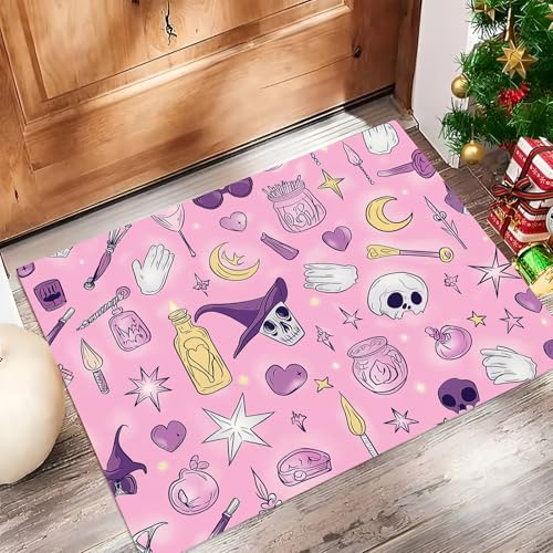 Hexensymbol Fußmatte Schmutzfangmatte Innen 50 X 80 cm rutschfeste Waschbar Fussmatte, Sauberlaufmatte Teppich Für Eingangsbereich, Haustür, Flur, Porch - Rosa Cartoon-Schädel von Generic