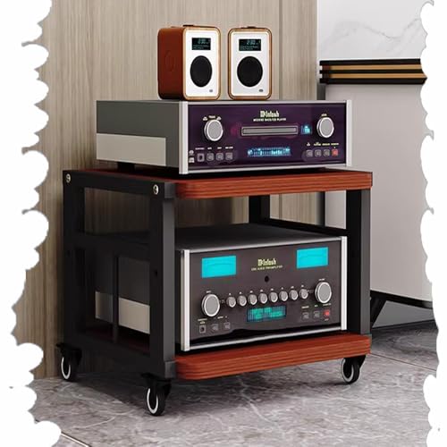 HiFi-Rack, AV-Medienständer mit Rollen, 3/4/5-stufiges Verstärker-Audio-Rack, Stereoschrank aus Holz, verstellbare Regale, CD-Player-Ständer für Heimkino/Büro (Schwarz + Teak, 2 Ebenen) von Generic