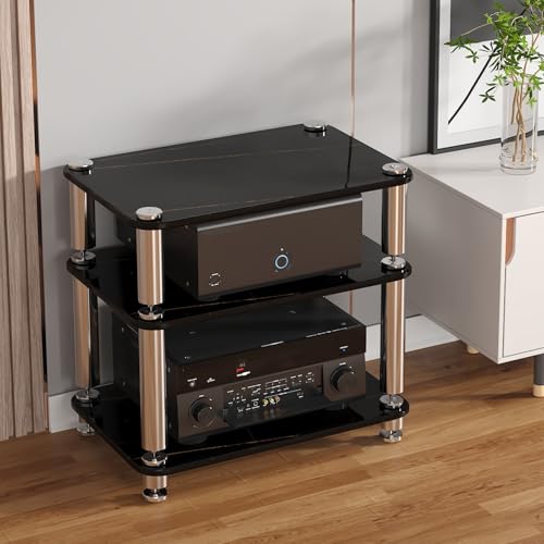 HiFi Rack Einlegeböden Aus Gehärtetem Glask JStoßdämpfende Fußstützen Auf Jeder Ebene Cd Regals, Ideal für Zuhause Büro Aufnahmestudio(Black,60 * 40 * 57cm) von Generic