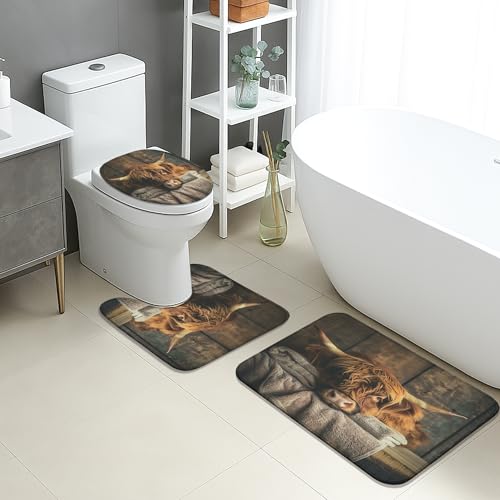 Highland Cow Badezimmermatten-Set, 3-teilig, rustikale Tierfotografie, saugfähig, rutschfest, WC-Vorleger, U-förmig, waschbar, gemütlich, schnell trocknend, Memory-Schaum, Badezimmerteppich-Set von Generic