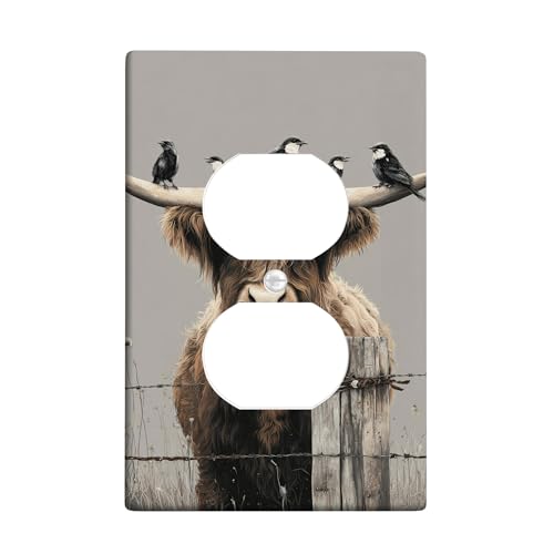 Highland Cow Lichtschalter-Abdeckplatten/Steckdosenabdeckungen, rustikales braunes Tierdesign für Bauernhaus-Dekor, thermoplastische Wandplatten, Standardgröße, Einzel-Duplex-Steckdose von Generic