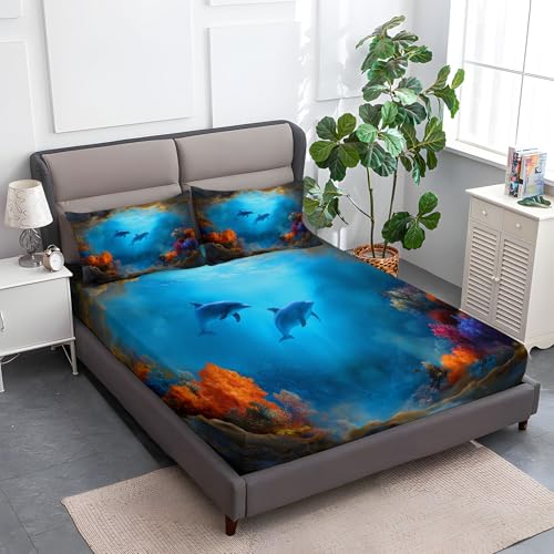 Himmelblau Spannbettlaken Set 140 x 200 cm, Unterwasserlebewesen Bedrucktes Weiches Spannbetttüche, Microfaser Atmungsaktiv Bettwäsche Tiefe Tasche 30 cm mit 2 Kissenbezügen Himmelblau Spannbettlaken Set 140 x 200 cm, Unterwasserlebewesen Bedrucktes Weiches Spannbetttüche, Microfaser Atmungsaktiv Bettwäsche Tiefe Tasche 30 cm mit 2 Kissenbezügen von Generic
