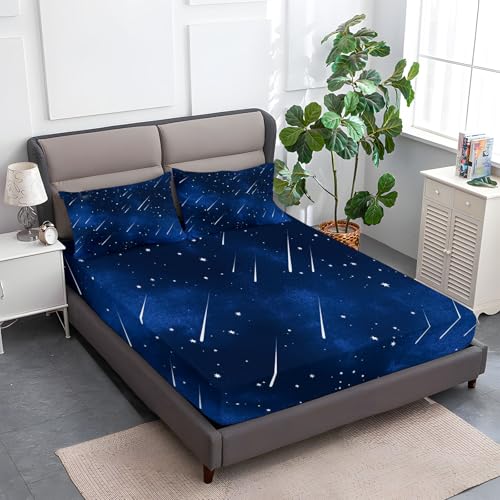 Himmlische Nachthimmel Sterne Knitterfrei Spannbettlaken 160 x 200 cm, Mikrofaser Bettlaken 30cm Extra Tiefe Taschenlaken Spannbetttuch Weich und atmungsaktiv Maschinenwaschbar, Dunkelblau von Generic