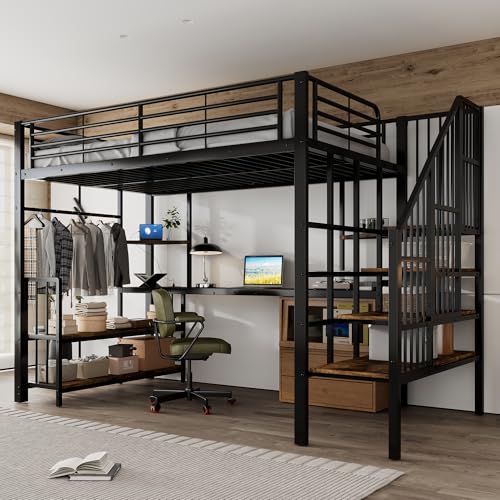 Hochbett 120x200cm mit Schreibtisch Kleiderbügel Ablagefläche Seitenleiter mit Handlauf Einzelbett mit Ladeanschluss Eisenbett Platzsparend Gästebett Ohne Matratze Schwarz von Generic