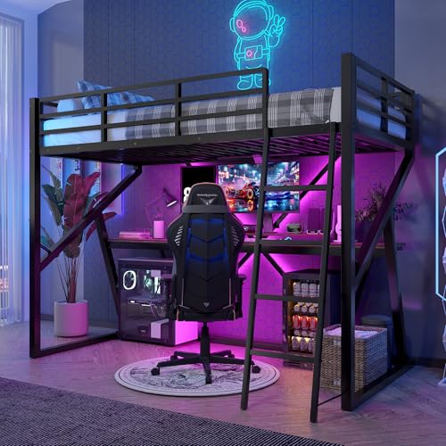 Hochbett 90x200 cm mit Schreibtisch LED-Leiste Treppe Geländer Einzelbett Eisenrahmen Familienbett für Erwachsene Jugendliche Gästebett ohne Matratze Schwarz von Generic