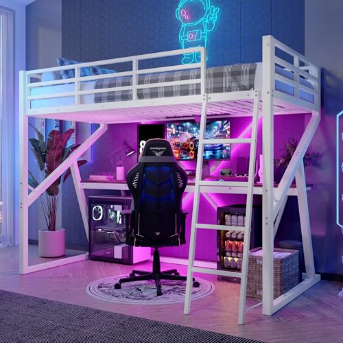 Hochbett 90x200 cm mit Schreibtisch LED-Leiste Treppe Geländer Einzelbett Eisenrahmen Familienbett für Erwachsene Jugendliche Gästebett ohne Matratze weiß von Generic