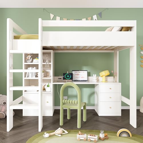 Hochbett 90×200 cm mit USB-C Schreibtisch Kleiderschrank Einzelbett mit Treppe Holz Lattenrost für Erwachsene Jugendliche Platzsparend Gästebett ohne Matratze Weiß von Generic
