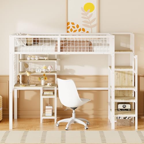 Hochbett 90x200 mit stabilem Metallrahmen in Weiß, mit integriertem Schreibtisch und Kleiderschrank, platzsparendes Design mit Sicherheitsleiter und umlaufender Gitterumrandung von Generic