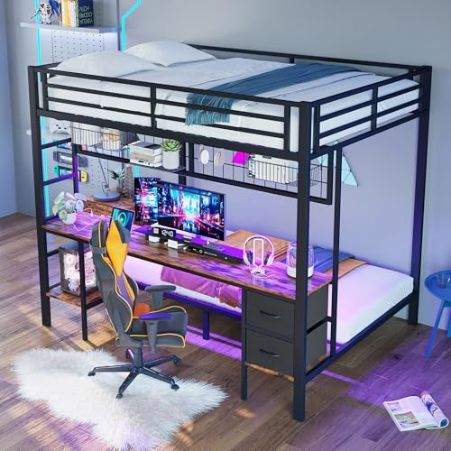 Hochbett 90x200&140x200 cm mit Schreibtisch Schubladen Ablagen für Gegenstände LED-Leiste USB-Anschluss Gitter zum Aufhängen von Gegenständen Etagenbett Eisenrahmen Gästebett Schwarz Hochbett 90x200&140x200 cm mit Schreibtisch Schubladen Ablagen für Gegenstände LED-Leiste USB-Anschluss Gitter zum Aufhängen von Gegenständen Etagenbett Eisenrahmen Gästebett Schwarz von Generic