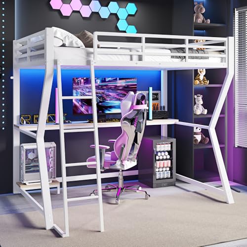Hochbett 90x200cm mit Ambientelicht Einzelbett mit Geländer Computerkonsolenablage Schreibtisch Steckdose+USB Treppe Jugendbett Metallbett Gästebett weiß Hochbett 90x200cm mit Ambientelicht Einzelbett mit Geländer Computerkonsolenablage Schreibtisch Steckdose+USB Treppe Jugendbett Metallbett Gästebett weiß von Generic
