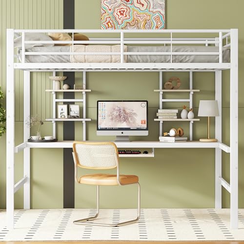 Hochbett Metallbett mit stabilem Stahlrahmen, integriertem Schreibtisch, Zwei Bücherregalen und Tastaturablage, platzsparendes Bettgestell, modern und langlebig für Schlafzimmer von Generic