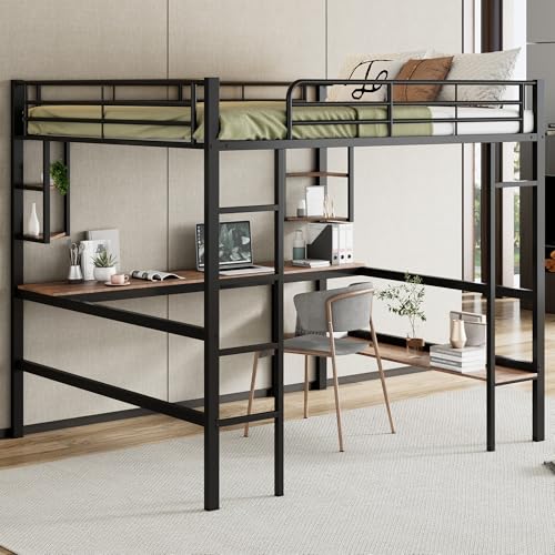 Hochbett Metallbett mit stabilem Stahlrahmen, integrierter Schreibtisch, Vier Regale und großes Bücherregal, platzsparendes Bettgestell, modern und langlebig für Schlafzimmer von Generic