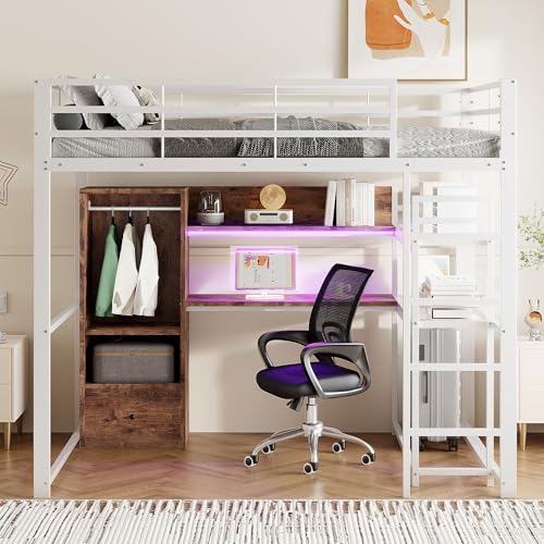 Hochbett aus Metall mit integriertem Schreibtisch und LED-Beleuchtung, multifunktionale Aufbewahrung mit Schublade und Regalen, stabiles Geländer, Treppe, platzsparendes Design von Generic