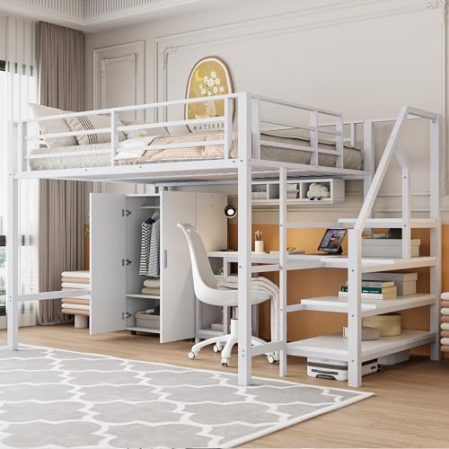 Hochbett aus Metall und MDF mit integriertem Schreibtisch, Kleiderschrank, Regalen und Ablageleiter, platzsparend und funktional für Schlafzimmer und Arbeitsbereich von Generic