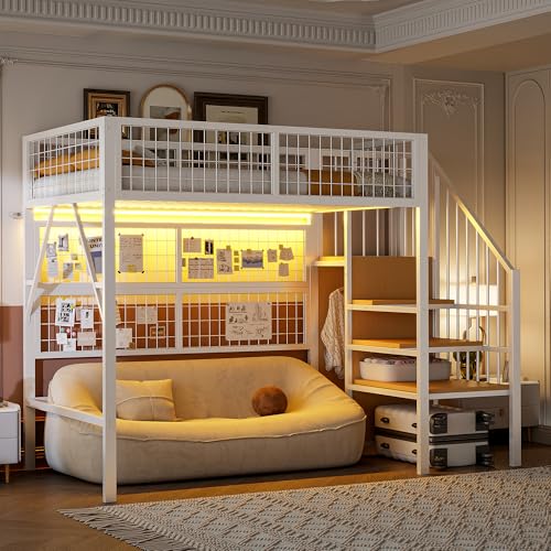 Hochbett mit APP-gesteuerten LED-Lichtleisten offenem Kleiderschrank Eisenbett Treppe mit Stauraum Einzelbett für Erwachsene Jugendliche Gästebett Ohne Matratze weiß 90x200 cm von Generic