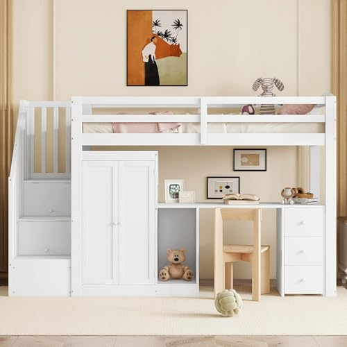 Hochbett mit Lattenrost, Schreibtisch, Kleiderschrank, Schubladen und Stauraumtreppe, Massivholz und MDF, platzsparendes Möbel für Wohn- und Arbeitsräume von Generic