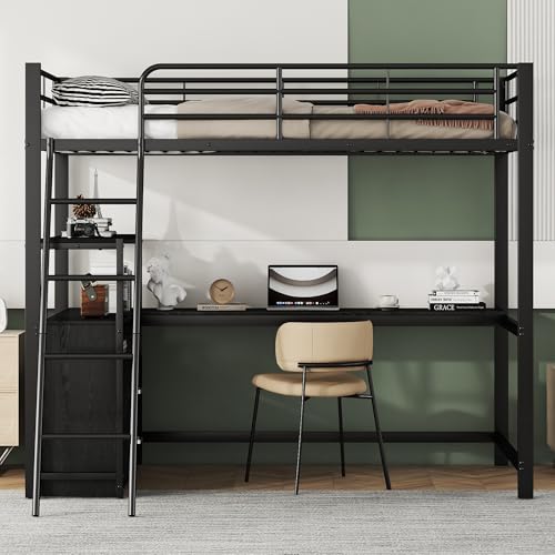 Hochbett mit Metallrahmen und L-förmigem Schreibtisch, integrierte Schubladen und Regal, platzsparendes Design, MDF und Laminat, stabil und modern, ohne Matratze von Generic