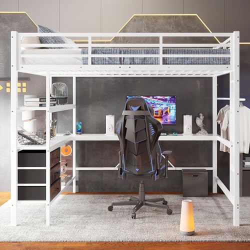 Hochbett mit Schreibtisch, LED-Beleuchtung, Stauraum mit Schubladen und Regalen, Metallrahmen mit MDF, Geländer und Treppe, Funktionsbett für Schlafzimmer von Generic