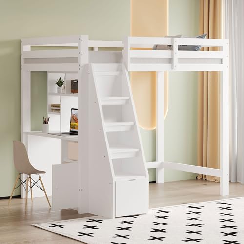 Hochbett mit Schreibtisch, Regalen und Schränken, Stauraumtreppe mit Schubladen, Einzelbett aus Massivholz, platzsparendes Design für modernes Schlafzimmer von Generic