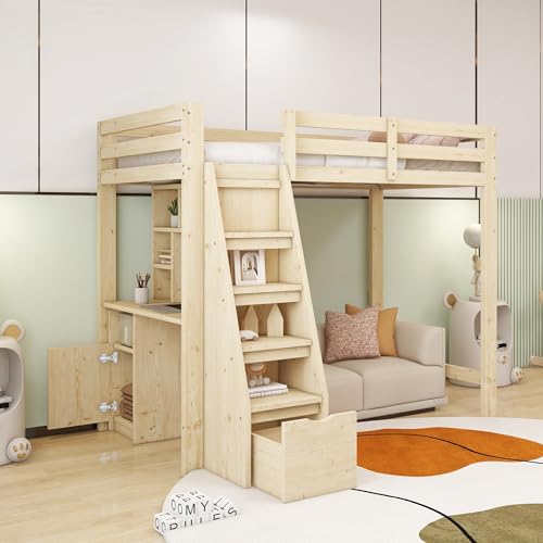 Hochbett mit Schreibtisch, Regalen und Schränken, Stauraumtreppe mit Schubladen, Einzelbett aus Massivholz, platzsparendes Design für modernes Schlafzimmer von Generic