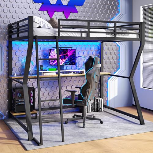 Hochbett mit Schreibtisch Computerkonsolenablage Geländer Treppe LED-Leuchten Steckdose+USB Einzelbett für Erwachsene Jugendliche Gästebett ohne Matratze Schwarz 90x200 cm von Generic