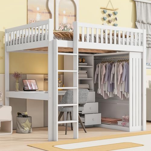 Hochbett mit Schreibtisch Kleiderschrank 3 Schubladen Stauraum offener Stauraum Geländer Treppe Einzelbett für Erwachsene Familienbett Jugendbett Gästebett Weiß 140x200 cm Hochbett mit Schreibtisch Kleiderschrank 3 Schubladen Stauraum offener Stauraum Geländer Treppe Einzelbett für Erwachsene Familienbett Jugendbett Gästebett Weiß 140x200 cm von Generic