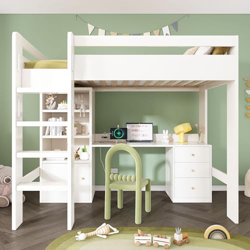 Hochbett mit Schreibtisch Kleiderschrank und Aktenschrank, platzsparendes Jugendbett mit Stauraum Treppe und Lattenrost, Massivholzgestell für Homeoffice oder Studium, 90x200 cm, Weiß von Generic