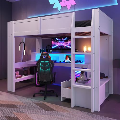 Hochbett mit Schreibtisch Schublade Regale Einzelbett mit LED-Leuchten Gaming Bett mit Holz Lattenrost Familienbett Platzsparend Gästebett ohne Matratze weiß 90x200 cm von Generic