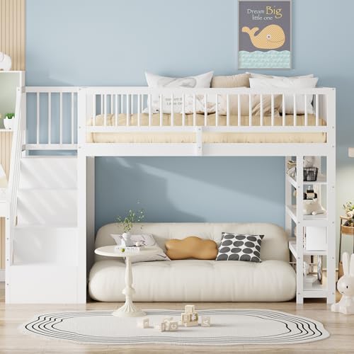 Hochbett mit Treppe und Stauraum, Massivholzbett mit Kleiderschrank und Regalen, Multifunktionsbett mit hohem Geländer, platzsparendes Jugendbett für Schlafzimmer von Generic