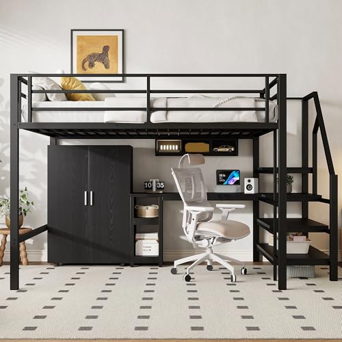Hochbett mit integriertem Schreibtisch, Kleiderschrank und Regalen, platzsparendes Design mit viel Stauraum, praktische Lösung für Schlafen, Lernen und Aufbewahren im Jugendzimmer von Generic