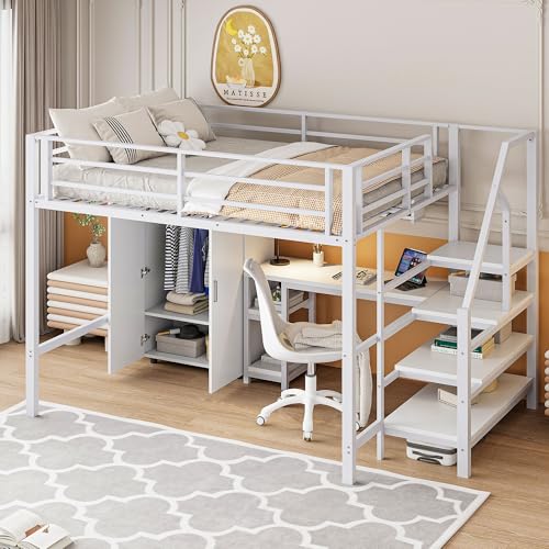 Hochbett mit integriertem Schreibtisch, Kleiderschrank und Regalen, platzsparendes Design mit viel Stauraum, praktische Lösung für Schlafen, Lernen und Aufbewahren im Jugendzimmer von Generic