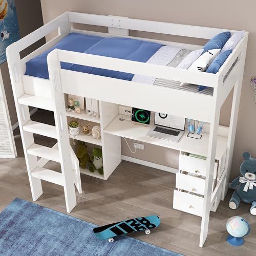 Hochbett mit integriertem Schreibtisch, USB-C Ladeanschluss, Kleiderschrank und Aktenschrank, Loftbett mit Treppe, Lattenrost, Stauraum, Massivholzrahmen von Generic