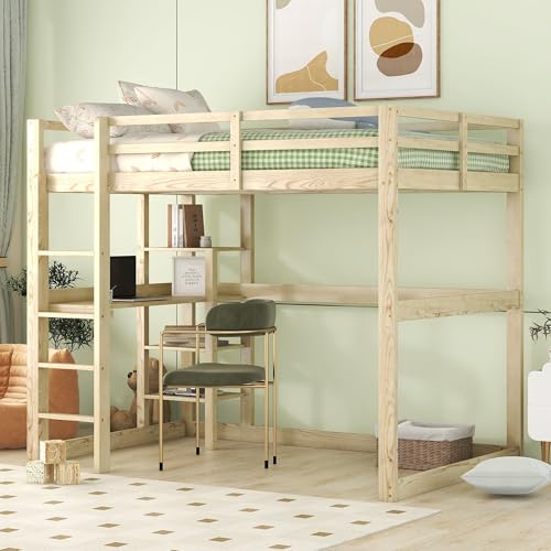 Hochbett mit integriertem Schreibtisch und 4 Ablagefächern, platzsparendes Bettgestell aus massivem Kiefernholz, stabile Konstruktion mit Stauraumlösung, geeignet für Zwei Personen von Generic