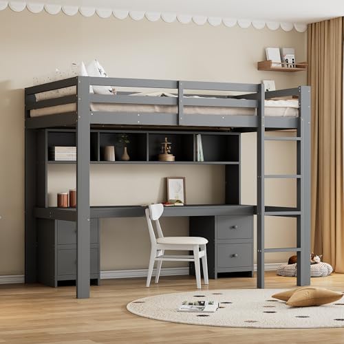 Hochbett mit integriertem Schreibtisch und Stauraum, Massivholz Etagenbett mit Schubladen, Regalfächern und Stabiler Treppe, platzsparendes modernes Design von Generic